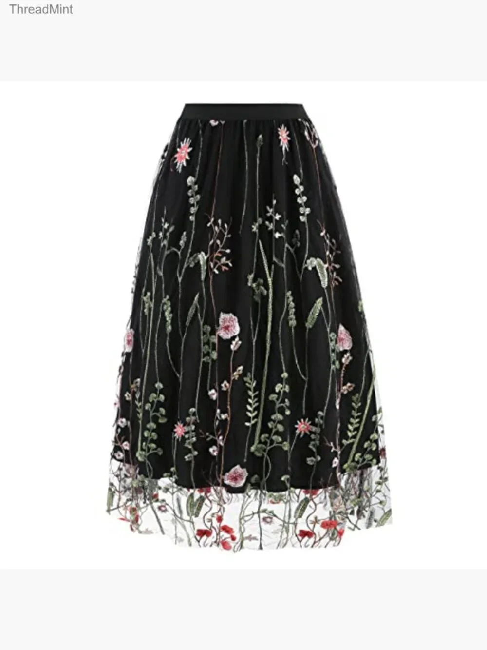 Vintage Floral Embroidered Tulle Midi Skirt Elastic High Waist A-line Swing - Picture 4 of 6